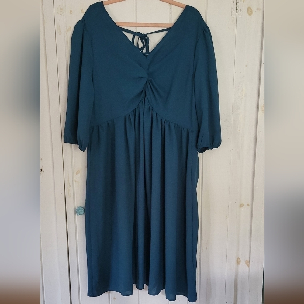 Bloomchic Teal Ruched Smocked Midi Dress